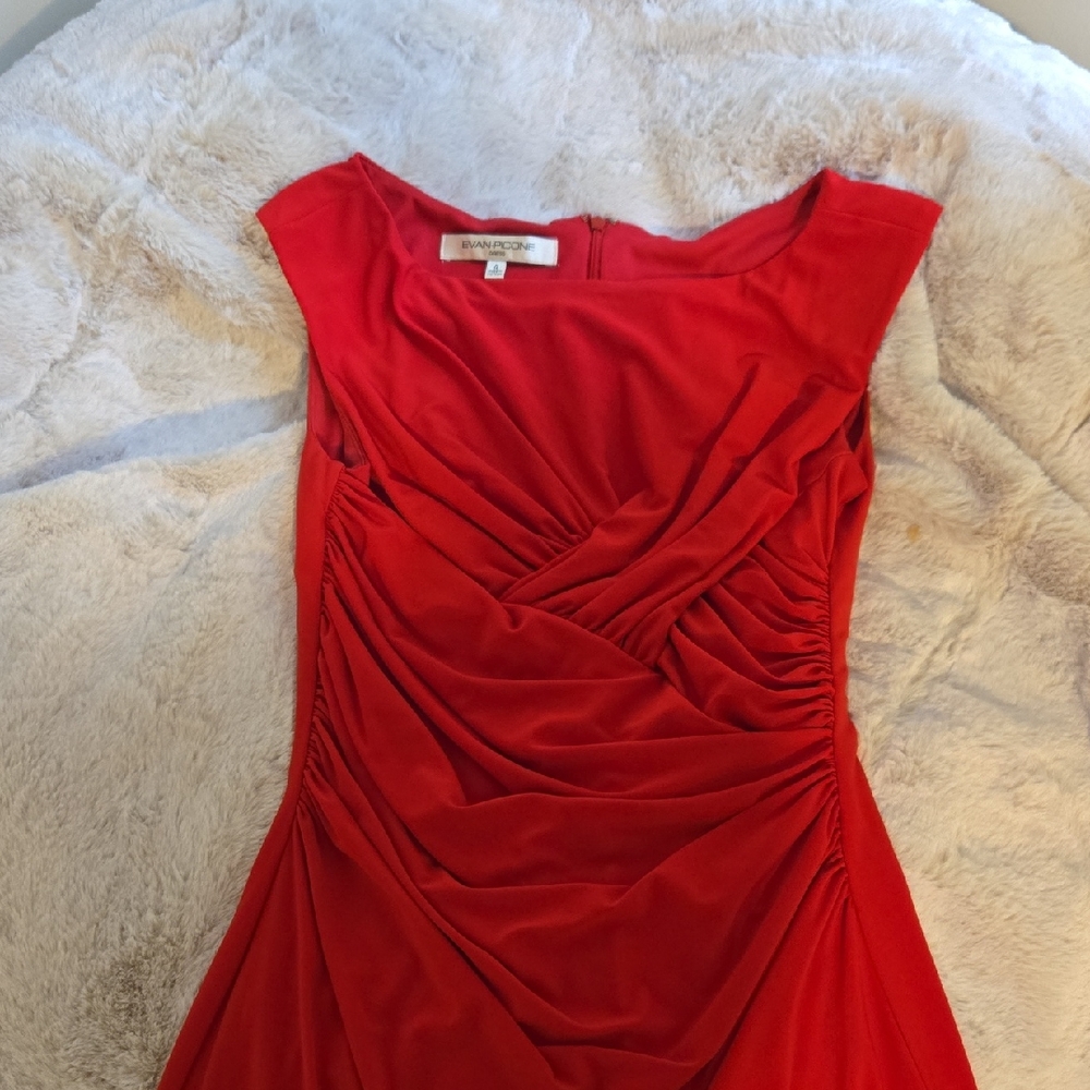 Evan Picone Vibrant Red Ruched Midi Dress